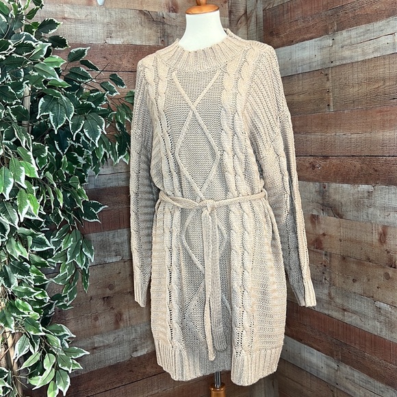 Anthropologie Dresses & Skirts - ANTHROPOLOGIE AMADI Tan Cable Knit Pullover  Sweater Dress Sash Belt NWT Sz XL